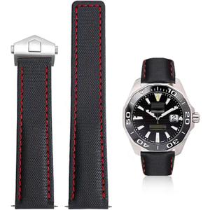 Nylon Leather Watch Band Quick Release Waterproof Oxford Fiber Nylon Genuine Leather Deployant Watch Band Strap Nylon Leather Universal Replacement Bracelet Strap 20mm 22mm for Men Women (Black Red(Silver Buckle))