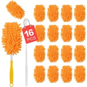 16Pcs Reusable Duster Refill Compatible with Swiffer Hand Duster +3FT Extended Handle +1 Handle, 360 Heavy Duty Duster Refills for Cleaning, Office, Ceiling Fan