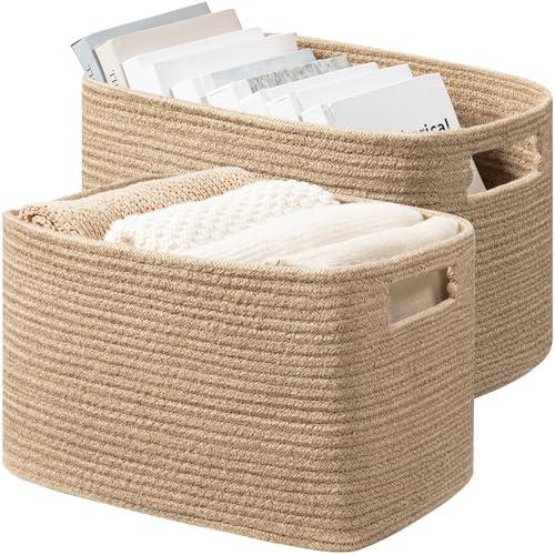 UBBCARE 2 Pack Storage Baskets for Organizing, Shelf Baskets with Handles, Woven Storage Baskets for Bookcase/Cube Shelf/Closet, 14.5"L x 9.8"W x 9"H, Jute