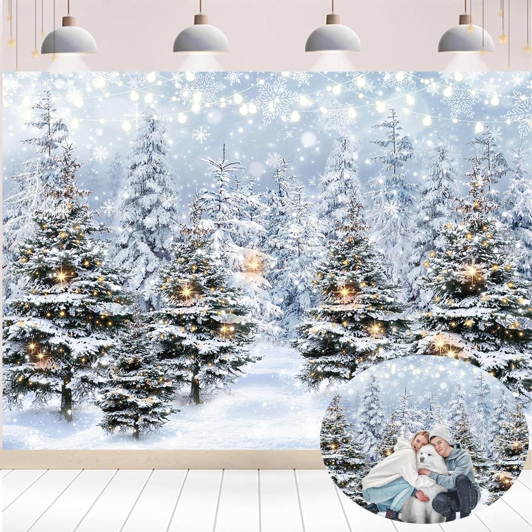 Winter Forest Photography Backdrop 8x6FT Christmas Tree Snowy Snowflake Wonderland Scene Background Winter Holiday Party Decorations Supplies Photo Props