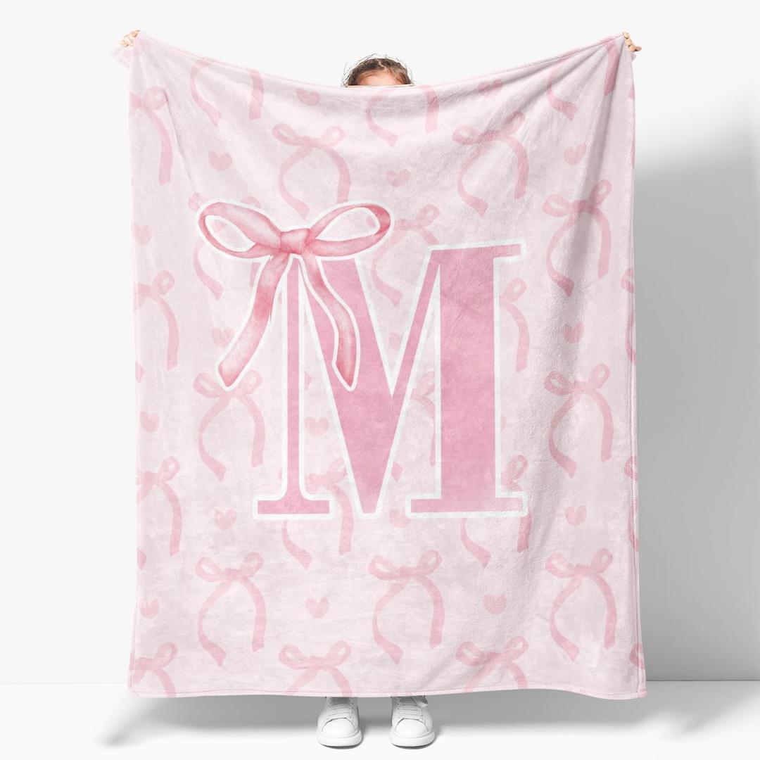 Coquette Pink Bow Throw Blanket,Personalized Initial M Soft Fluffy Cozy Flannel Blanket,Monogrammed Gifts for Daughter Women Teen Girls,Customized Blanket for Bedding Bedroom Office,50x60 Inches