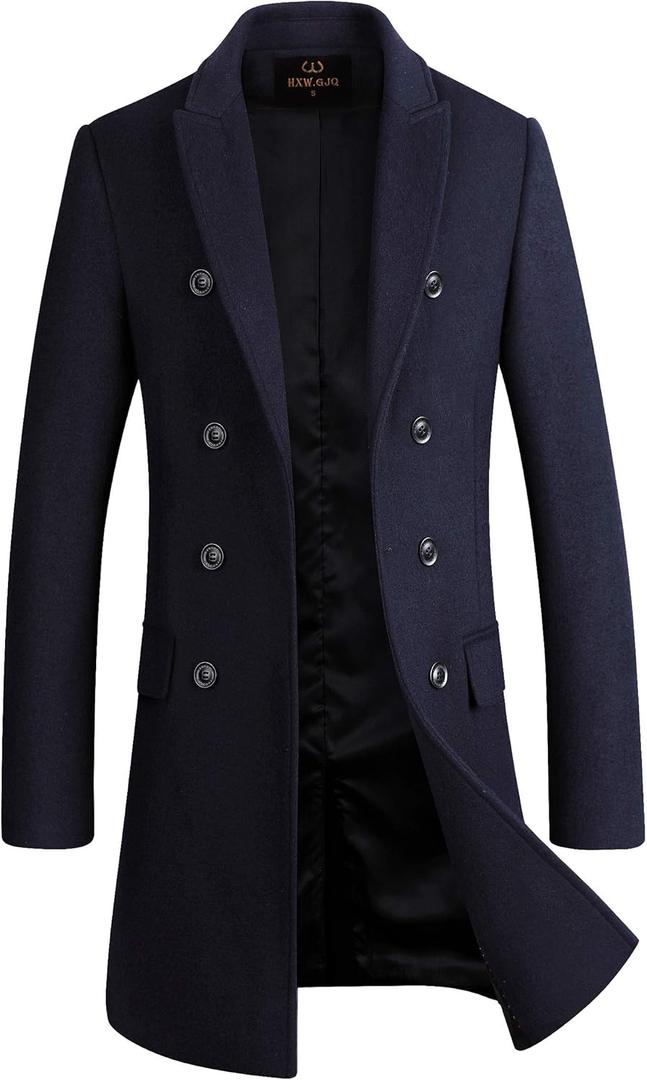 Men's Premium Wool Blend Double Breasted Long Pea Coat (X-Large, Navy Blue)