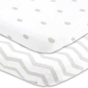 Joey + Joan Bassinet Fitted Sheets 19" x 32" for Cowiewie Bedside Sleeper Bassinet Mattress Pad  Snuggly Soft 100% Jersey Cotton  Grey Polka Dots, Chevron  2 Pack