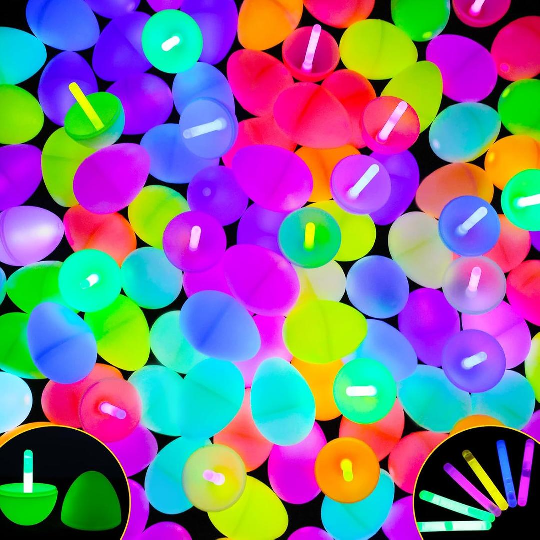 Glow in The Dark Easter Eggs, 48 Plastic Eggs with 96 Mini Glow Sticks for Kids Easter Basket Stuffers Party Favors Egg Hunt Supplies and Easter Decorations