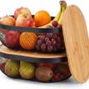 2 Pcs Oval Metal Mesh Storage Baskets with Tray Lids, Black Wire Organizer for Kitchen Countertop, Multi-functional Fruit and Bread Baskets for Home, Cabinet and Decorative Storage