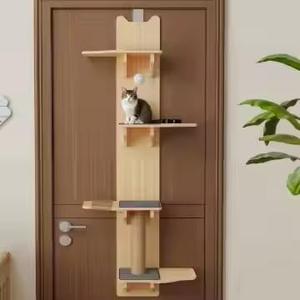 M/P Door Hanging Cat Shelf, 4-Tiers Vertical Cat Tree Over The Door, Over Door Cats Climber with Kitten Scratching Post, Pads, Tease Ball,Doors Cats Ladder for Indoor Kittens Jumping & Playing
