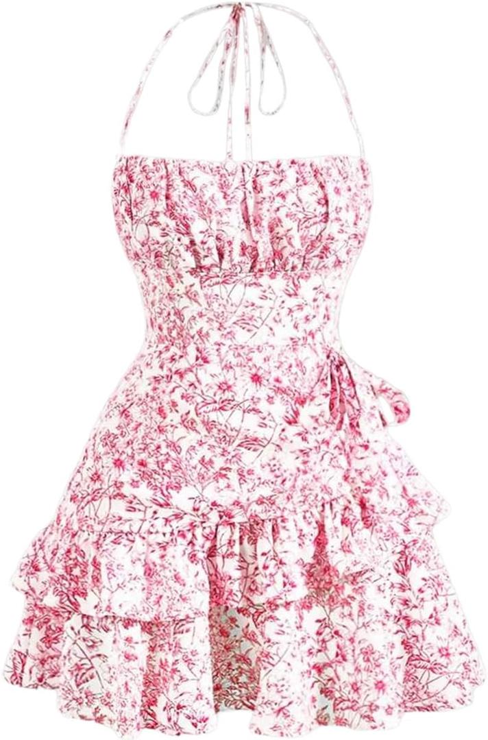 Narecte Summer Dresses for Women,Tie Halter Mini Dress,Floral Print Short Dress,Ruffle Trim Casual Dresses (X-Large, Pink)