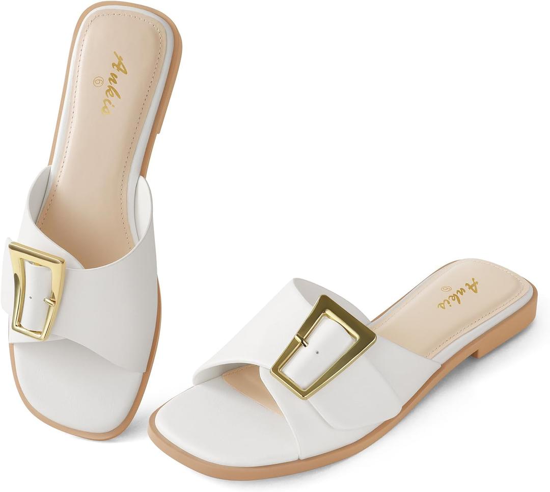 Ankis Black White Brown Women's Flat Sandals Comfortable Flat Sandals for Dressy Summer Women's Slide Sandals (Beige)