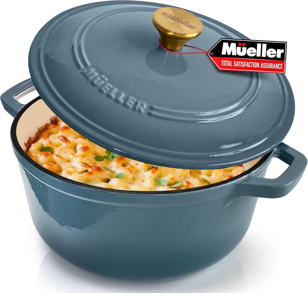 MUELLER HOME 6 Quart Enameled Cast Iron Pot Dutch Oven, Heavy-Duty, Oven-Safe up to 500 F & Across All Cooktops, Bread Pan with Lid & Knob, Cast Iron Cookware, Blue Kitchen Accessories, Mineral Blue