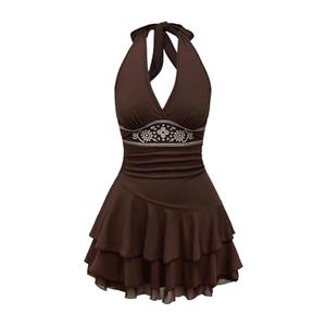 Verdusa Women's Plus Size Halter Mini Dress Ruched Ruffle Y2K Hippie Dress Western Outfits Boho Dresses Brown X-Large