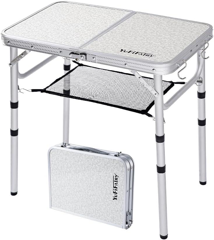 YUFIFAIRY Small Folding Camping Table, 2ft Portable Table with 3 Adjustable Heights, Aluminum Lightweight Foldable Picnic Table with Mesh Layer and Extension Legs for RV, BBQ and Indoor (Silver)