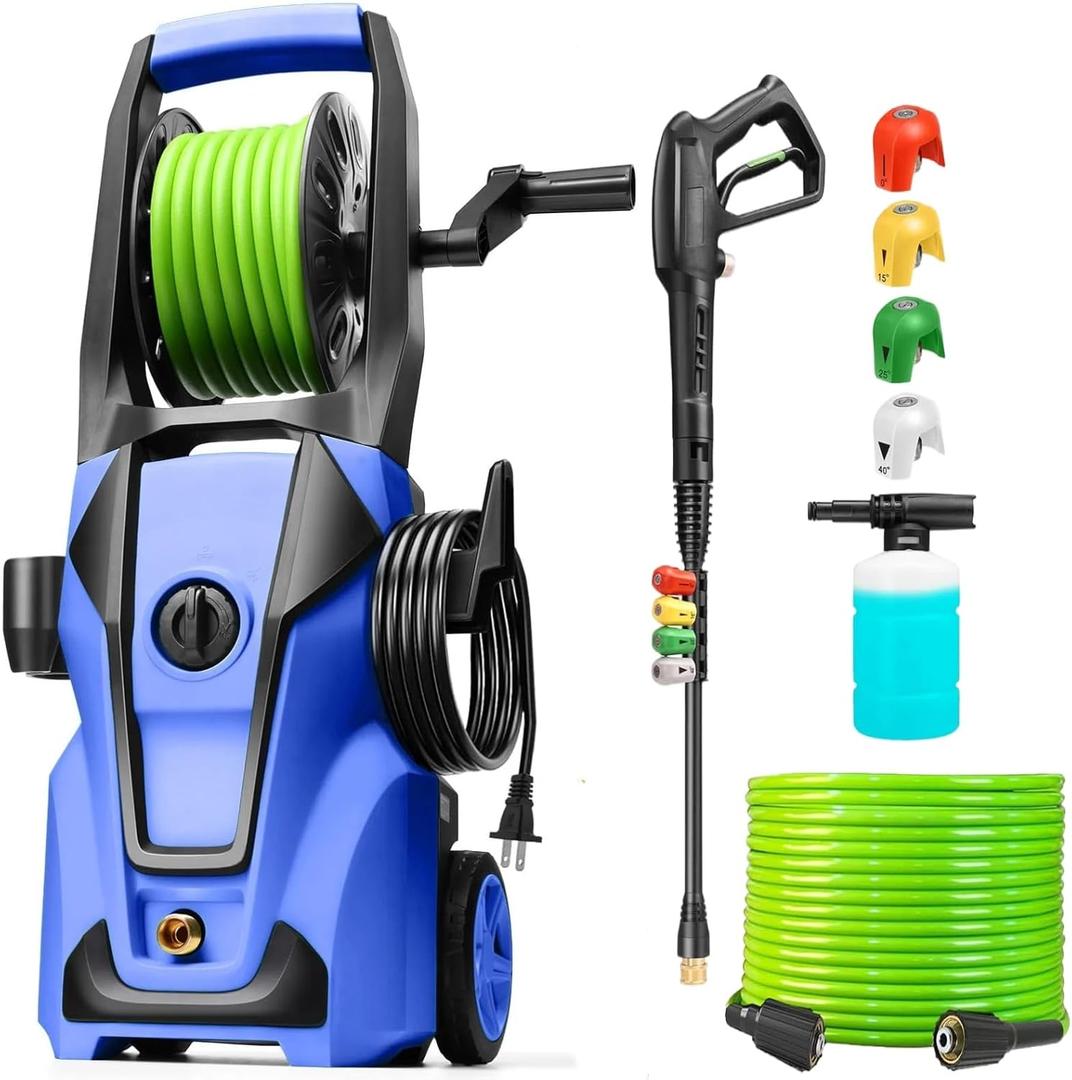 Pressure Cleaner Adjustable 5000PSI 4.0 GPM High Power Cleaners with 33ft Hose Reel, 4 Nozzle and Foam Cannon, Power Cleaners Machine for Home, Cars, Patio (Light Blue)