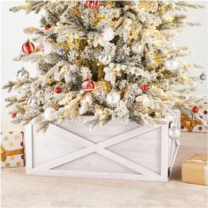 Glitzhome Christmas Tree Collar, Christmas Tree Base Cover, 22" L Washed White Wooden Tree Collars for Artificial Trees Decorative Tree Stand Cover Christmas Tree Skirt Collar