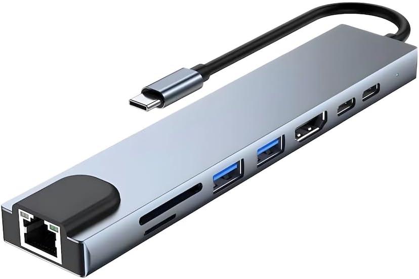 8-in-1 USB C Hub Multiport Adapter, Portable Type C Docking Station with RJ45, USB 3.0, USB 2.0, USB-C PD, HDMI, Dual Memory Card Readers, Universal for Laptop, Phone