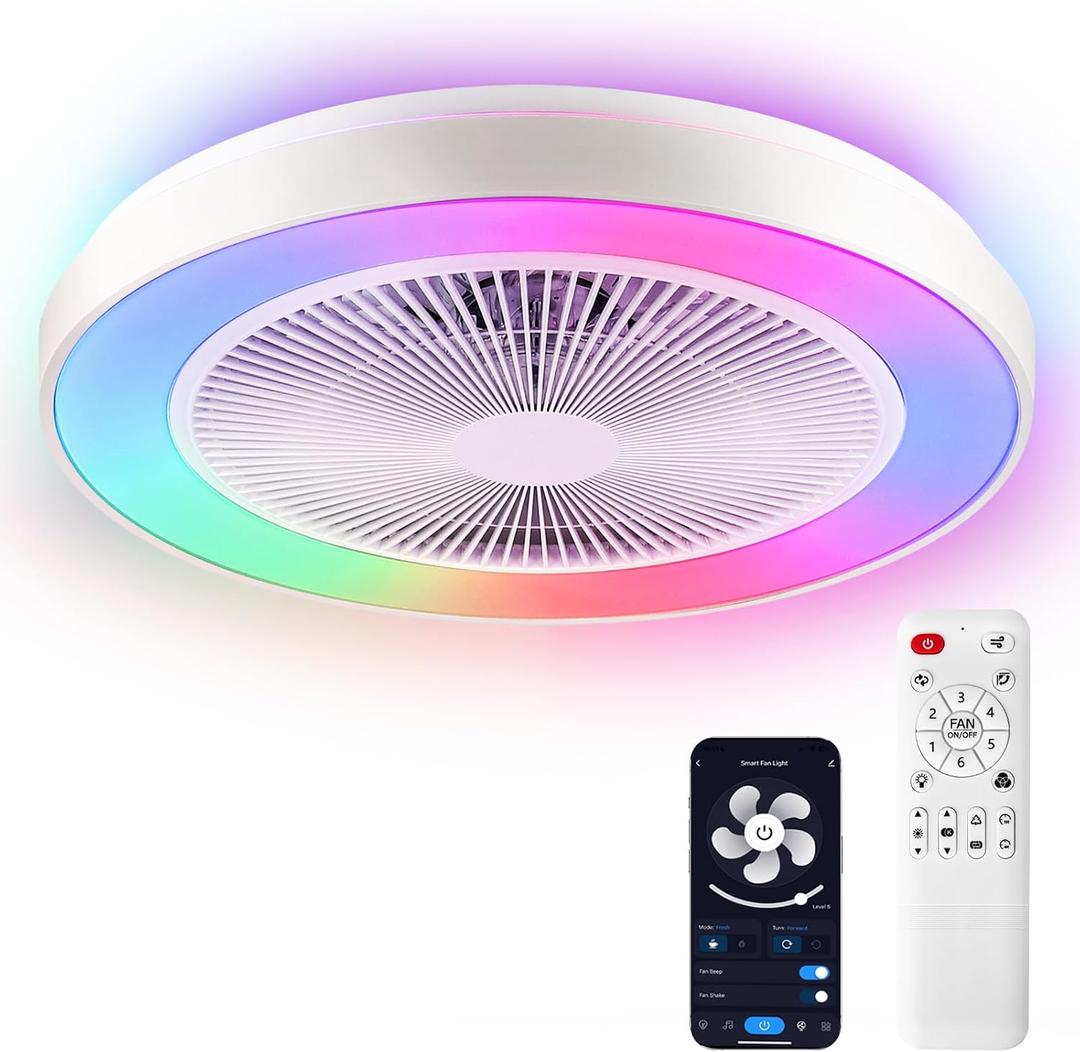 2-in-1 Low Profile Ceiling Fan with Light, 20 Caged Safety Design for Kids - RGB Color, Smart APP/Remote Control, Quiet Flush Mount DC Motor, Ideal for Bedroom/Living Room/Kitchen, White