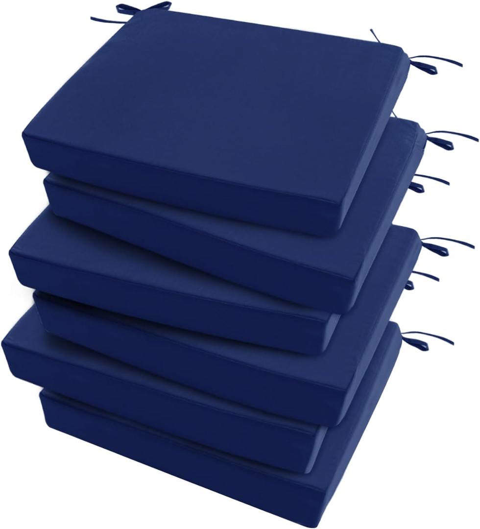 Outdoor Chair Cushions Set of 6: Waterproof & Fade Resistant Seat Cushion for Patio Furniture - 19 x 19 x 2 Inch Chair Pads with Ties and Hidden Zipper - Patio Chair Cushion Replacement, Navy