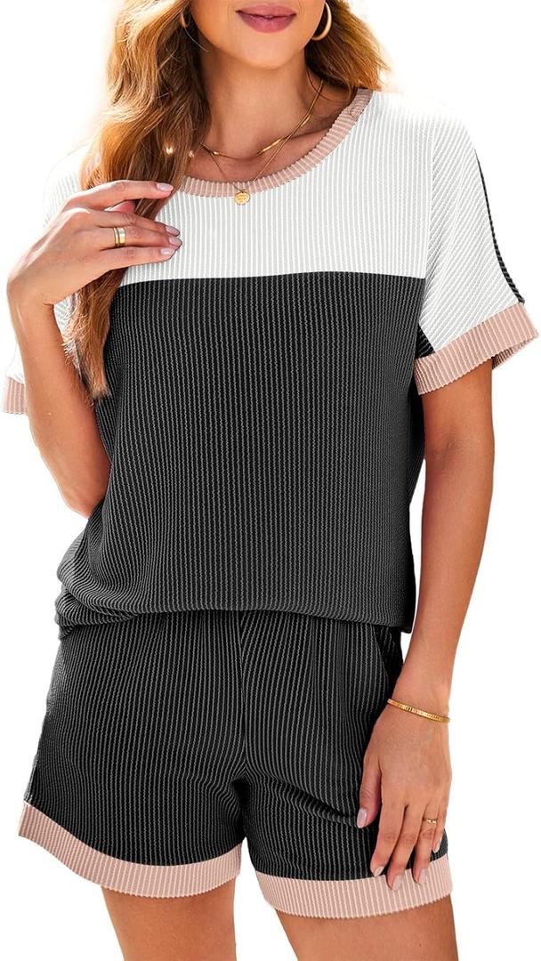 Dokotoo Women's 2 Piece Outfits Loungewear Colorblock Short Sleeve Womens Tops Elastic Waist Shorts Ribbed Knited Sets (Black White) S