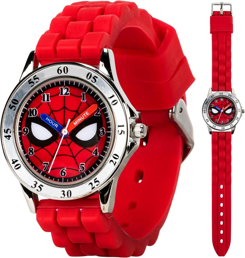 Spiderman Time Teacher Watch for Kids - Red Silicone Strap, Easy-to-Read Dial, Water Resistant, with Special Tin