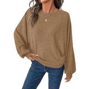 BTFBM Casual Fall Tops for Women 2025 Long Sleeves Solid Shirts Crew Neck Loose Fit Work T Shirt (Khaki,Small)