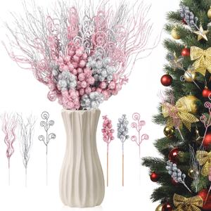 Shinymoon 72 Pcs Silver Pink Christmas Tree Picks and Sprays Decorations 17'' 12'' 8.6'' Artificial Glitter Christmas Flower Berry Branches Stems for Xmas Tree Wreath Vase Filler Holiday Decor