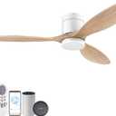 52" Smart Wood Ceiling Fans with Light and Remote,Low Profile Outdoor Indoor Ceiling Fan with Dimmable Light and Quiet DC Motor,Control with Alexa Google Voice App,for Modern Flush Mount Bedroom Patio