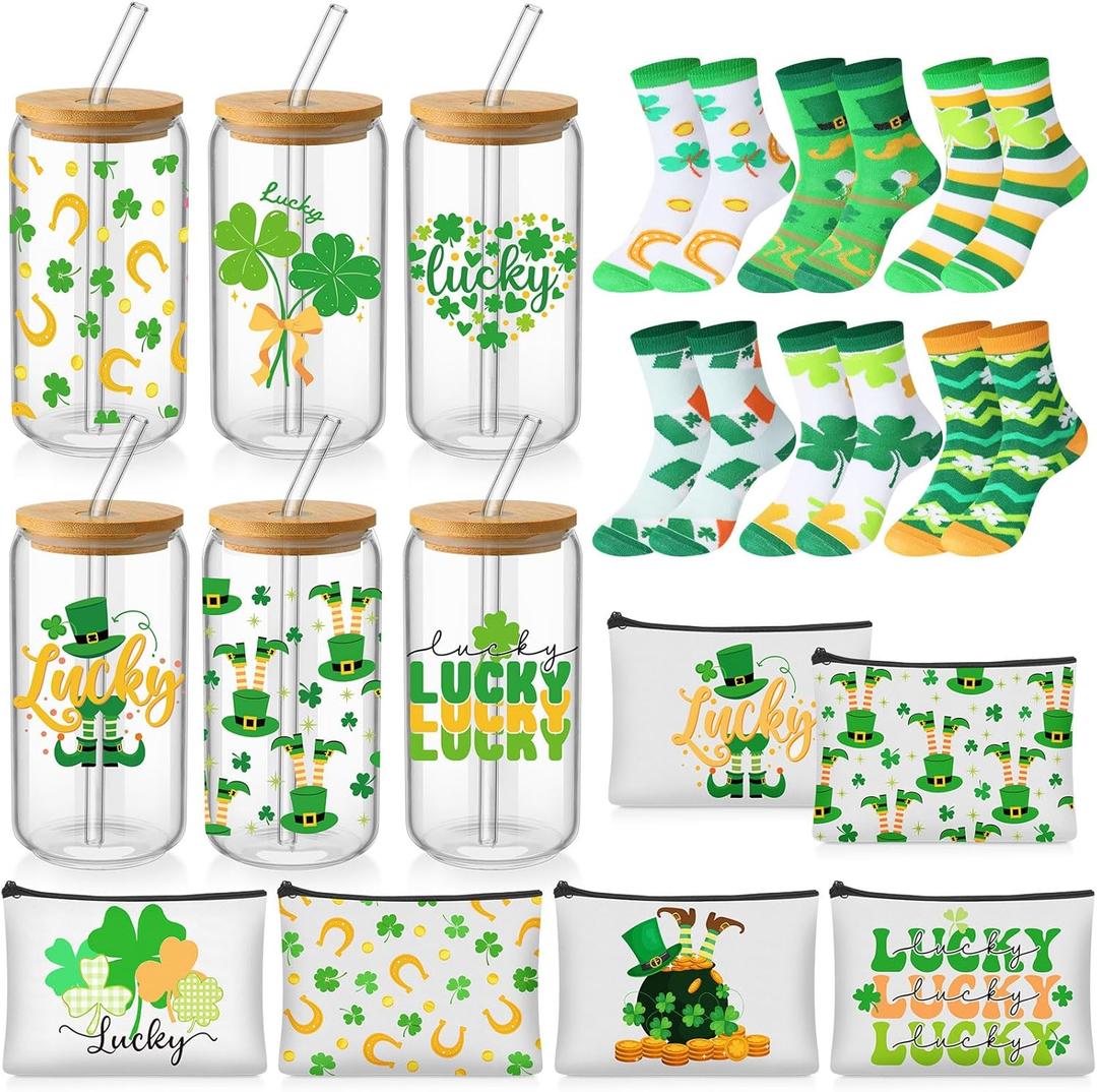 Tioncy St. Patrick's Day Appreciation Gifts Set for Women 16 oz Can Shaped Glass Cups with Lids and Straws Shamrocks Makeup Bags Socks for Party Family Friends