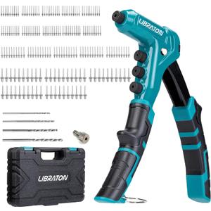 Libraton One-Handed Rivet Gun, Pop Rivet Gun Set, Professional Hand Riveter, Manual Riveting Tool with 200 Rivets for Metal, Includes 4 Drill Bits, 4 Tool-Free Interchangeable Heads, Storage Case