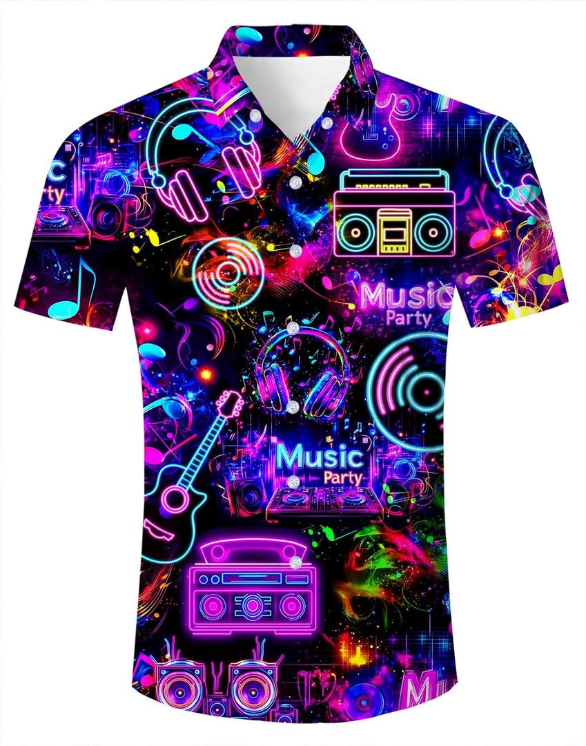uideazone Mens Funny Hawaiian Shirts 3D Graphic Button Down Short Sleeve Tropical Holiday Beach Aloha Shirt (XX-Large, Neon Music)