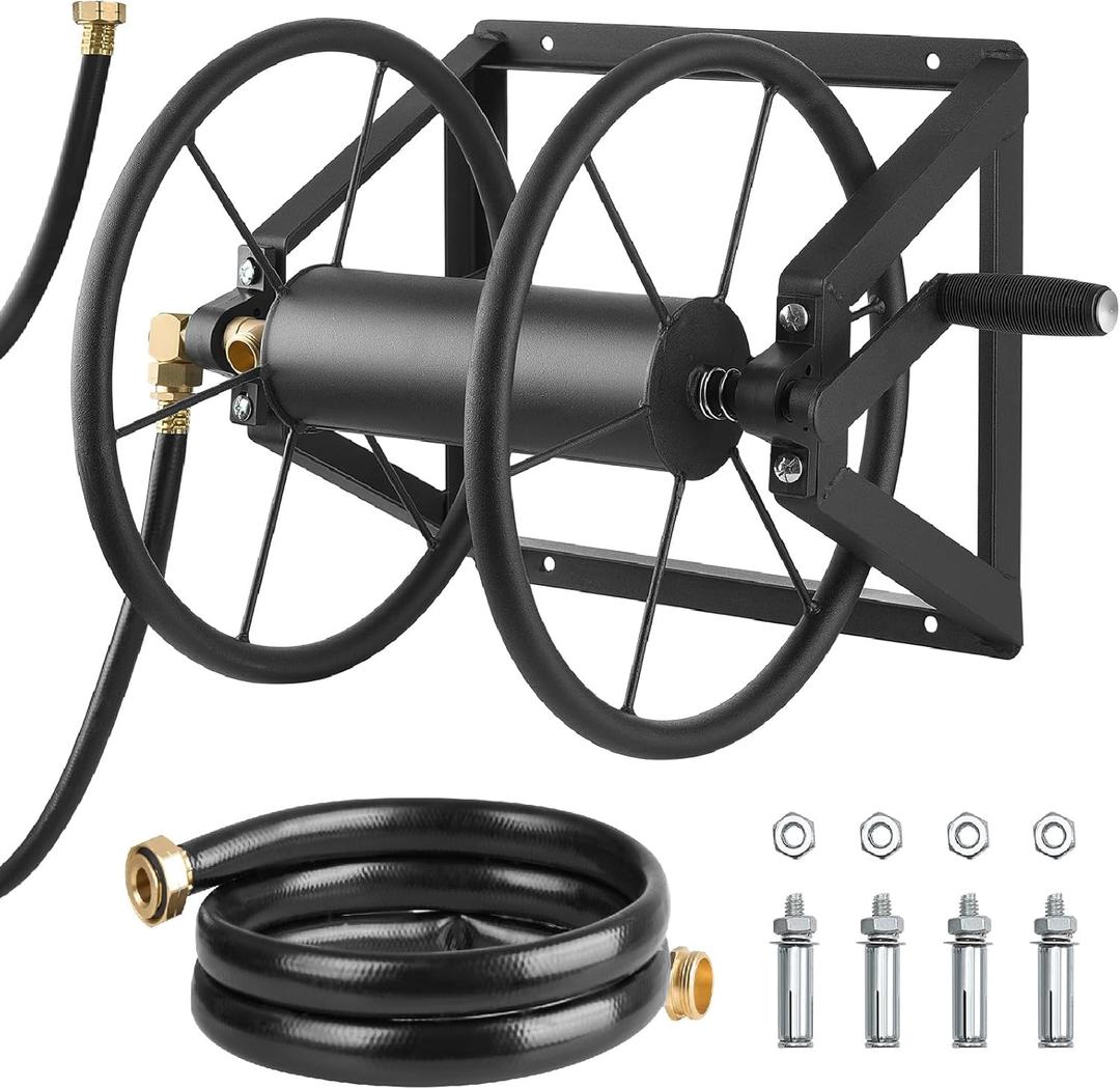 VEVOR Wall Mounted Garden Hose Reel, Holds 200 ft 5/8-inch Manual Water Hose Winder, Heavy-Duty Steel, Outdoor Reel with Brass Fitting & 5ft Leader Hose, Space Saving, for Yard Lawn Garage