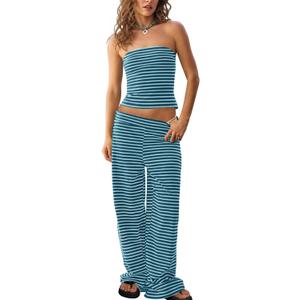 Tankaneo Womens Striped 2 Piece Sets Summer Strapless Crop Tube Tops Wide Leg Pants Matching Lounge Set Vacation Outfits L