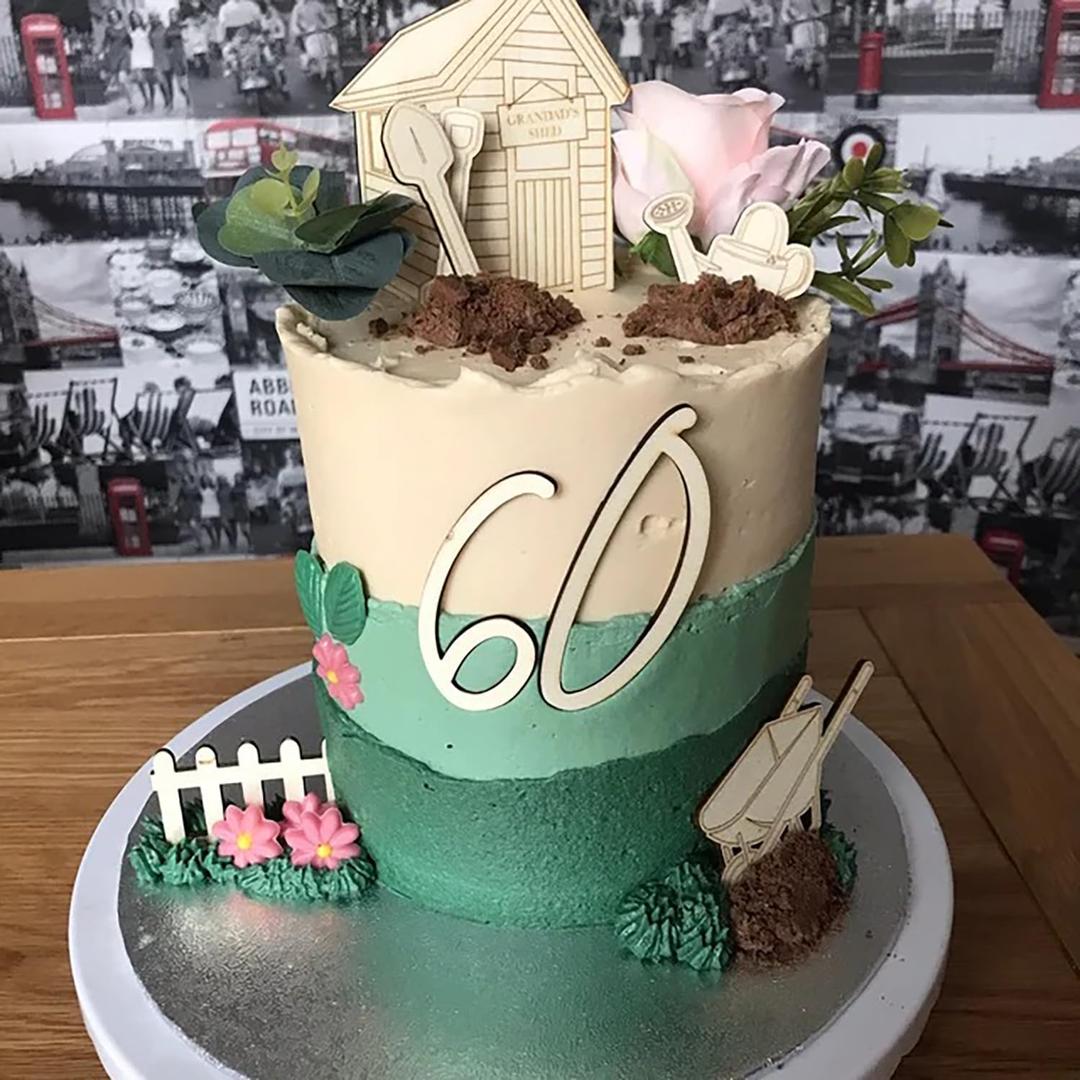 Gardening Theme Cake Topper,Shed Garden Allotment Yard Wooden Cake Topper Set,Spade Shed Watering Can Wellington Boots Cake Topper for Retirement Golden Birthday