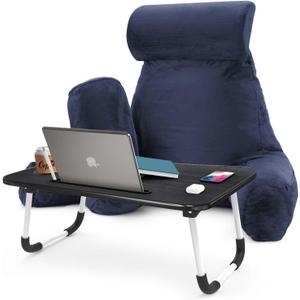 Nestl Reading Pillow with Portable Laptop Lap Desk - Shredded Memory Foam Back Support Pillow for Sitting Up in Bed and Couch Rest Pillows with Arms, Bed Tray Table with Foldable Legs, Navy (Large)