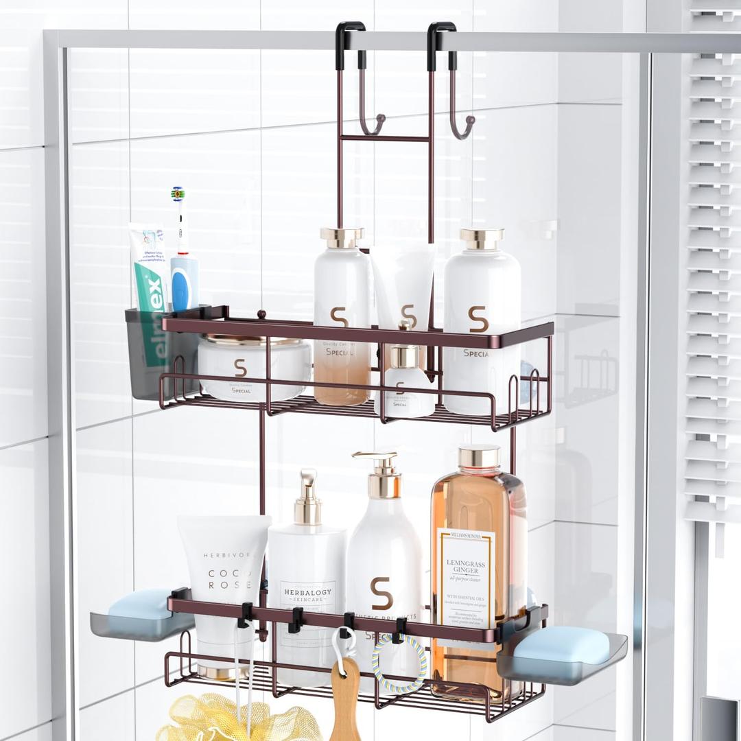Aitatty Over the Door Hanging Shower Caddy: Rustproof Hanging Organizer over the Door - No Drilling Bathroom Rack for Inside Shower Bronze