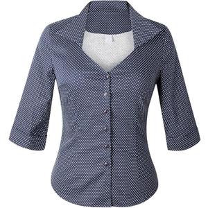 YARN & INK Women's Solid Classic-Fit Casual Blouses Button Down 3/4 Sleeve Dress Shirt 1950s Retro Elegant Work Office Tops (X-Large, 12-bluedots)