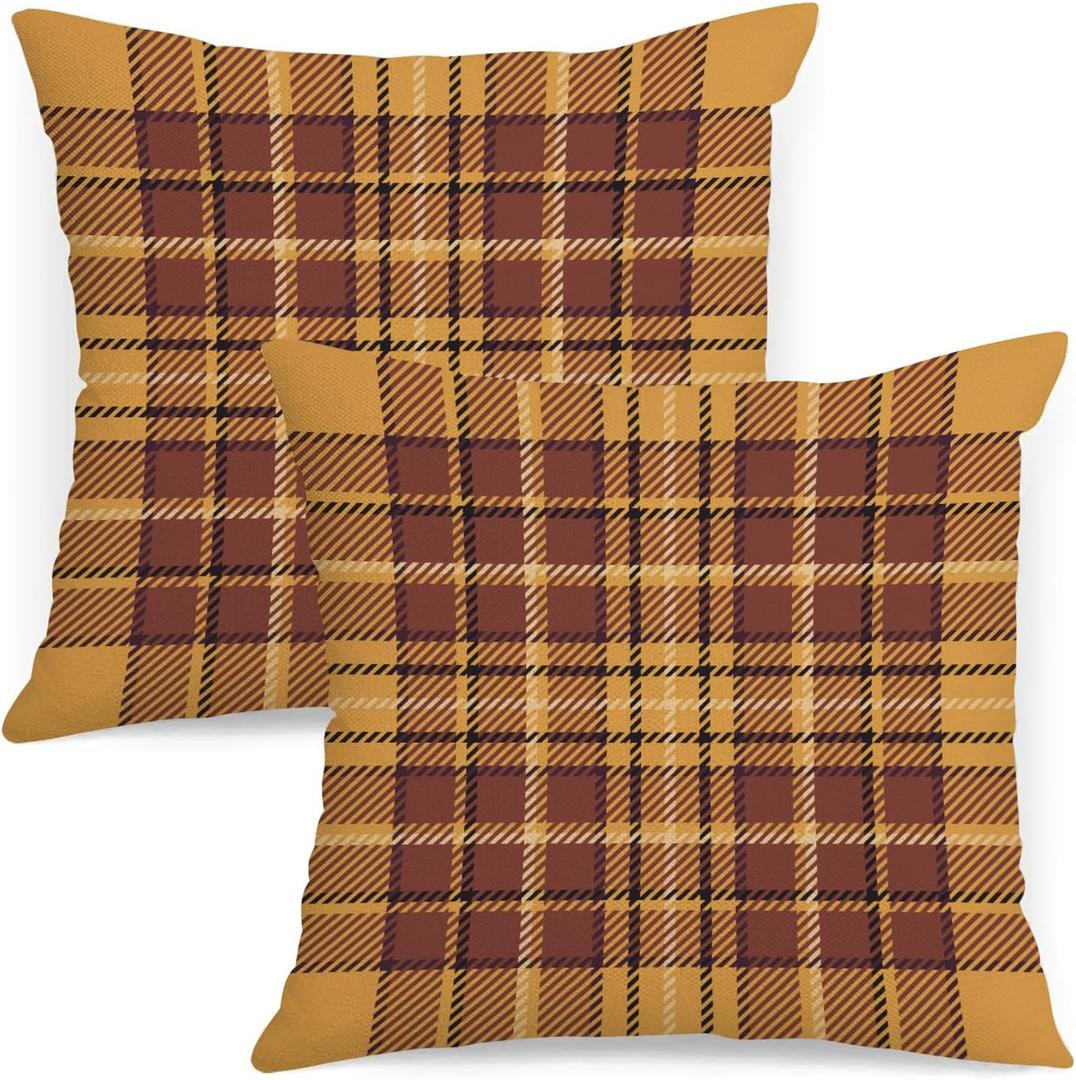 Fall Plaid Pillow Covers 18x18 Set of 2 Orange Brown Check Tartan Gingham Autumn Plaid Themed Decorative Throw Pillows Outdoor Pillowcases Square Farmhouse Cushion Thanksgving Home Decor