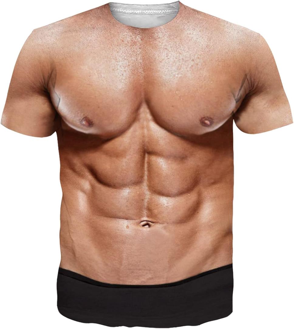 Goodstoworld Unisex 3D Fake Abs T Shirts Shredded Chest Printed Short Sleeve Costume Novelty Tees Shirt (XL)
