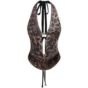 Verdusa Women's Cheetah Print Sequin Top Y2K Tie Back Corset Halter Going Out Crop Tops XS