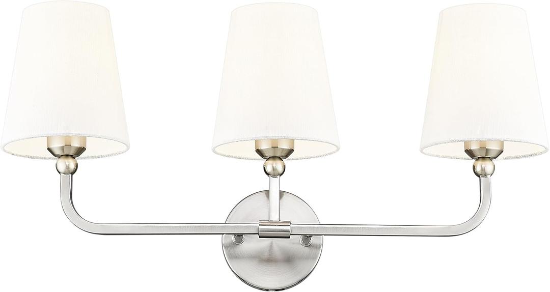 Bathroom Light Fixtures, Brushed Nickel Vanity Lights with Flared White Fabric Shade, 3 Light Wall Sconce, Modern Sconces Wall Lighting for Hallway Bedroom, VL837-BN-3
