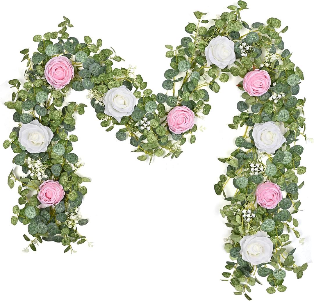 Waipfaru 2Pack 6.07FT Artificial Eucalyptus Garland with Flowers, Fake Rose Gypsophila Floral Garland, Floral Vines for Wedding Table Backdrop Party Centerpiece Room Decor (Pink)