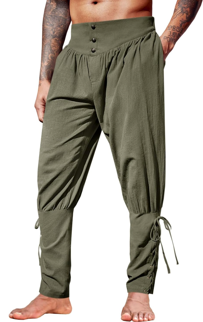 Runcati Mens Medieval Ankle Pants Renaissance Viking Pirate Lace Up Tapered Halloween Linen Costume Trousers XL