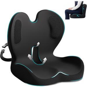 Memory Foam Seat Cushion, Office Chair Cushion with Lumbar Support, L-Shape Ergonomic Cushions with Strap, Non-Slip Sciatica, Hemorrhoids, Tailbone Pain Relief for Office Workers, Driver (Black+Ice Silk)