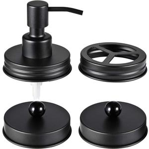 Mason Jar Bathroom Accessories Lids Set(4pcs) - Jars Not Included - Soap Dispenser,Toothbrush Holder, Apothecary Jars Lids for Regular Mouth Mason Jars - Rustproof Stainless SteelBlack