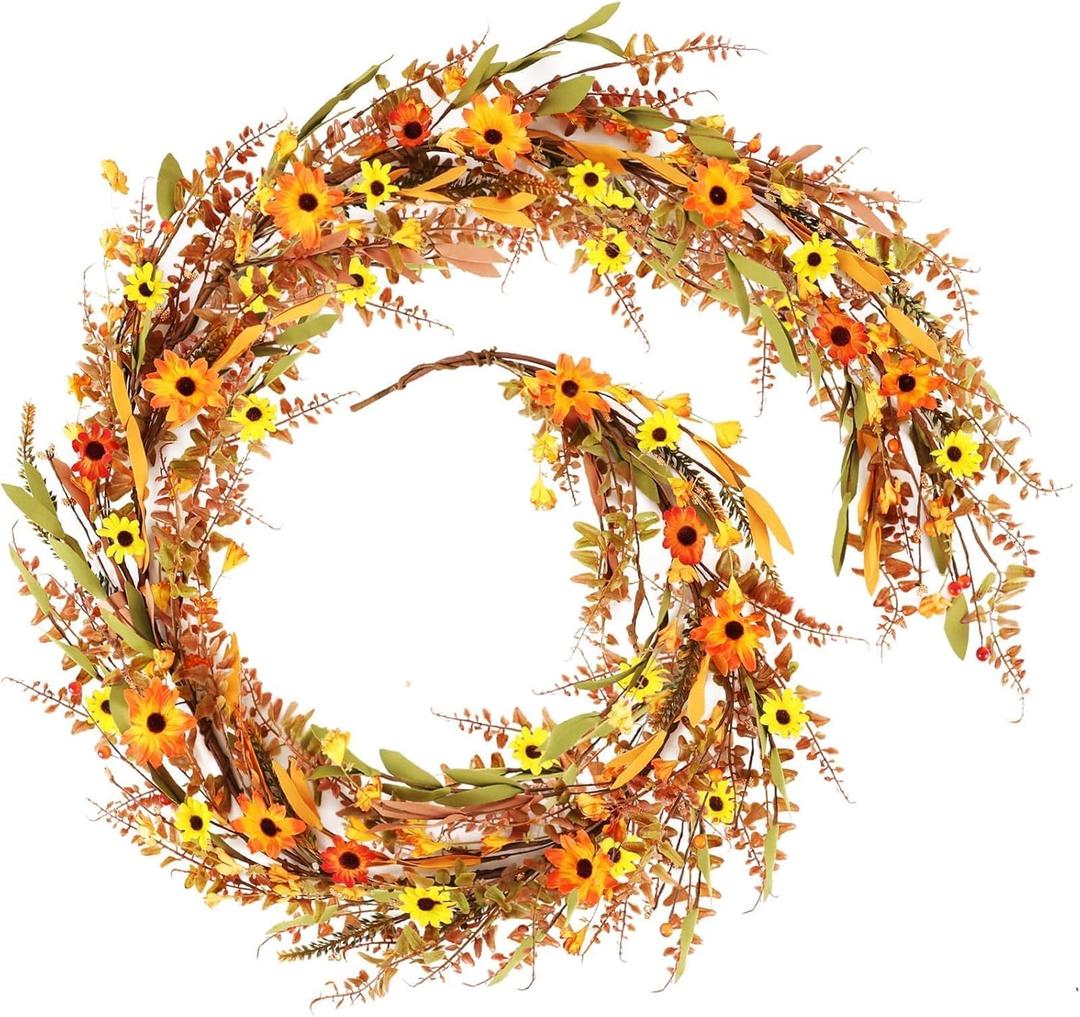 6.5 Ft Fall Leaves Daisy Vine Garlands Artificial Autumn Garland with Wildflower Sunflower Daisy Eucalyptus Garland for Thanksgiving Harvest Door Mantle Fireplace Party Table Home All Year Round Decor