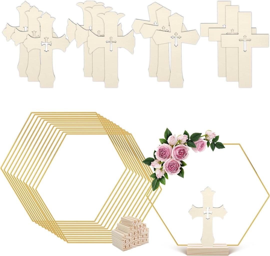 24 Pcs Baptism Centerpiece Decoration for Tables First Communion 12 Standing Wood Crosses for Craft 12 Hexagonal Metal Floral Hoop Centerpiece with Stand for Party Wedding Home Decor