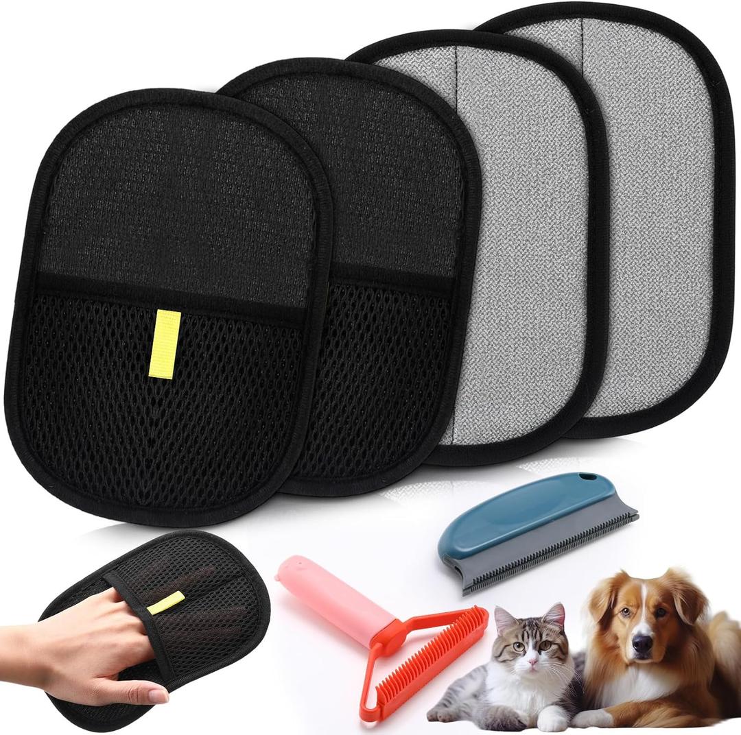 LemonRoad 6 Pcs Pet Hair Removal Tool Set Includes 4 Electrostatic Pet Hair Removal Gloves for Cat Dog Carpet Scraper for Couch, Clothes, Car, Carpet, Bed, Furniture