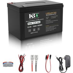 KBT 12V 15Ah Lithium LiFePO4 Battery, with 12V Charger, Charging Cable Built-in 20A BMS
