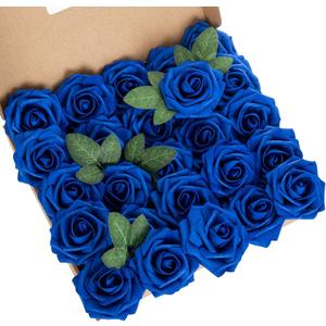 25pcs Artificial Flower Foam Rose Real Touch Roses Flower Heads with Stem for DIY Wedding Bouquets Centerpieces Arrangements Party Baby Shower Home Decor (Royal Blue)