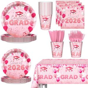 AIBIIN 145pcs Pink Graduation Party Supplies 2026 Graduation Plates and Napkins, Cup, Tablecloth, Tableware, Class of 2026 Congrats Grad Disposable Dinnerware Congrats Grad Decorations Serve 24 Guests
