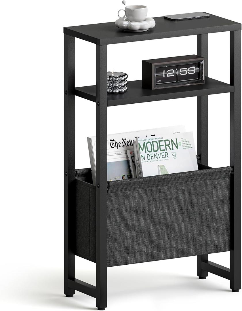 Narrow Side Table, Slim End Table with Magazine Rack, Bedside Table for Small Spaces, 3 Tier Sofa Couch Table Nightstand for Living Room, Bedroom Black LET503B