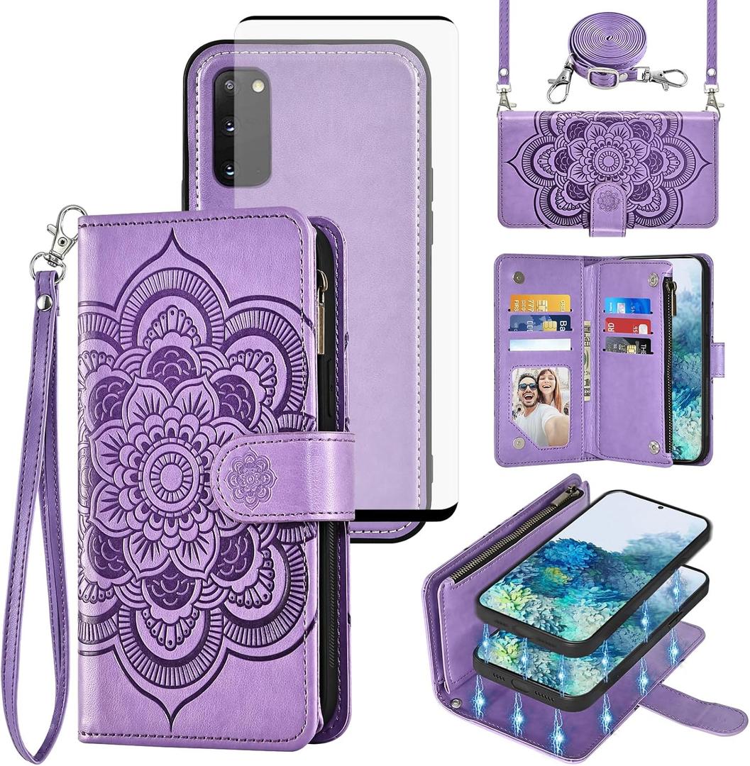 Asuwish Phone Case for Samsung Galaxy S20 5G 6.2 inch Zipper Wallet Detachable Cell Cover with Tempered Glass Screen Protector Crossbody Strap Flower Card Holder S 20 20S UW S2O G5 Women Girls Purple